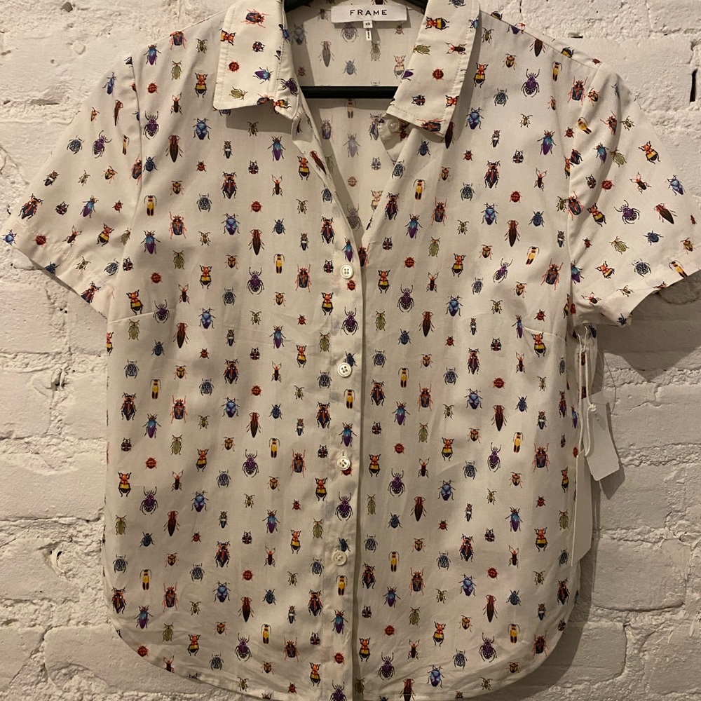 Frame Denim Printed Button Up Short Sleeved Shirt Blouse XS insect bugs